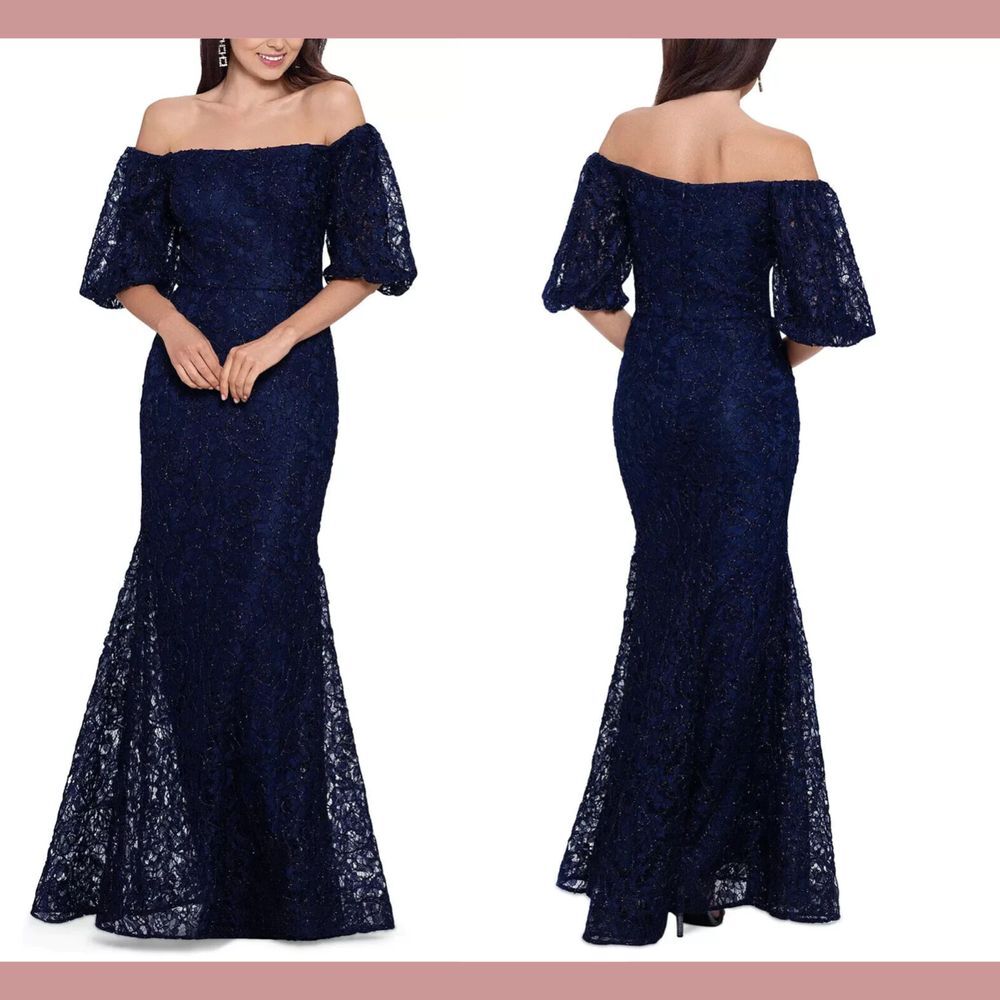 NWT $289 Xscape [ 4P Petite ] Blue Lace‎ Off-The-Shoulder Gown #Q969